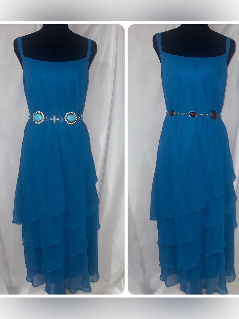 Sleeveless Teal Blue Tiered Chiffon Maxi Dress